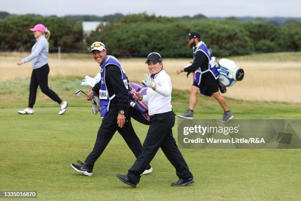 Jasmine Suwannapura of Thailand celebrates an eagle on the fourth hole during Day One of the AIG Women's Open at Carnoustie Golf Links on August 19,...