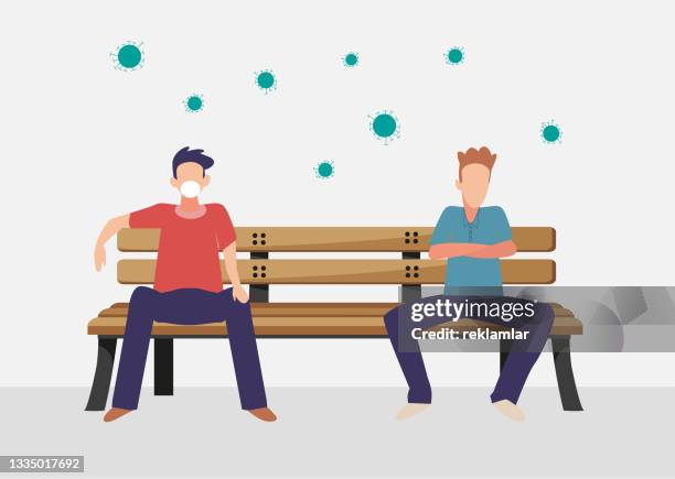 vektorillustration von menschen, die mit abstand im freien sitzen. konzept von social distancing und coronavirus covid-19 prävention. sicherheit, maske, schutz. - bench stock-grafiken, -clipart, -cartoons und -symbole