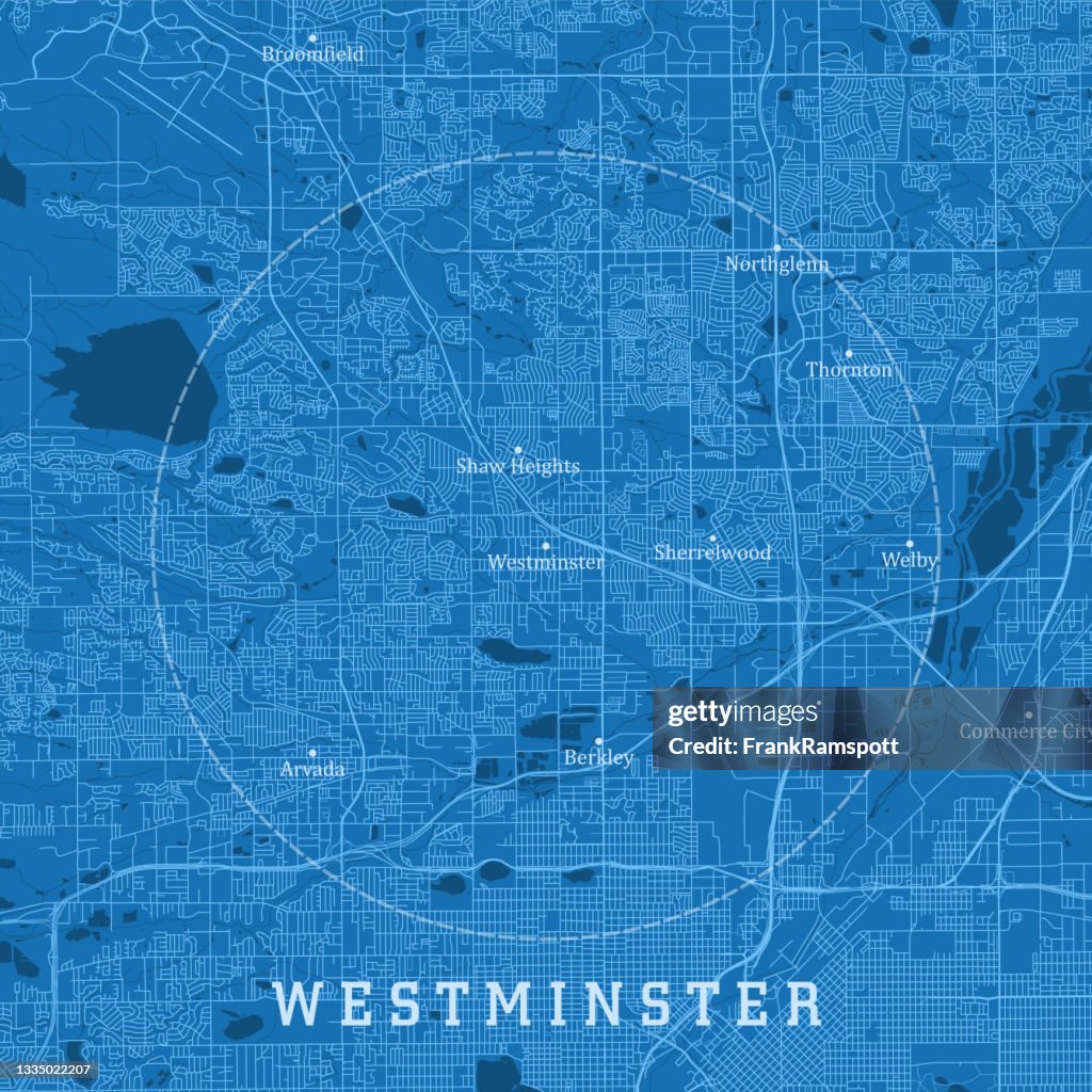 Westminster CO City Vector Road Map Blue Text