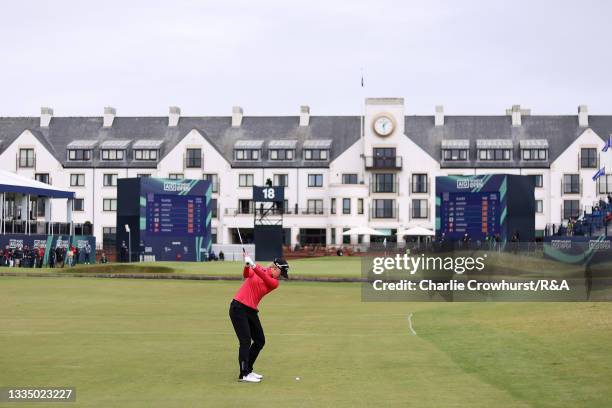 Madelene Sagstrom of Sweden plays her third shot on the eighteenth hole during Day One of the AIG Women's Open at Carnoustie Golf Links on August 19,...