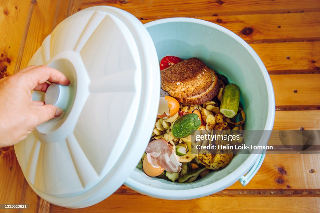 Organic food waste in garbage bin bucket with lid in home on floor to be composted.