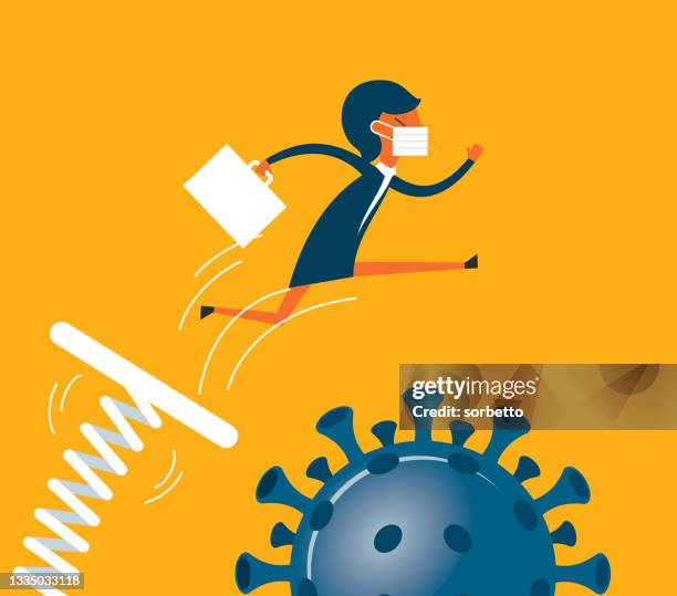 businesswoman jumping - covid-19 - defeat covid stock illustrations