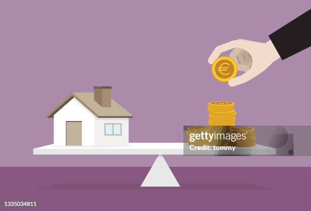 house and a stack of a euro coin on the lever - commercial real estate as investment increases stock illustrations