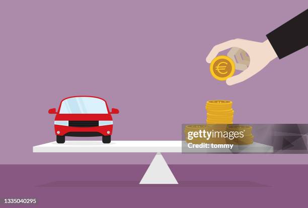 car and a stack of a euro coin on the lever - car ownership stock illustrations