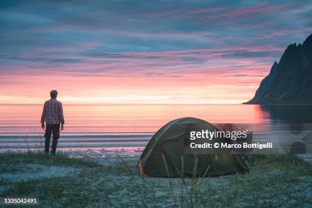 person enjoying midnight sun next to a tent from the beach, senja, norway - midnight sun norway ストックフォトと画像