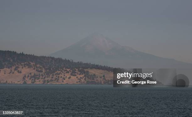 Klamath Lake appears to be at full capacity as viewed on August 13 near Klamath Falls, Oregon. Smoke from several large fires burning in the Cascades...