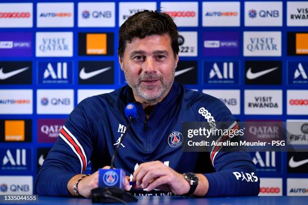 Paris Saint-Germain head coach Mauricio Pochettino answers journalists during a press conference at Ooredoo Center on August 19, 2021 in Paris,...