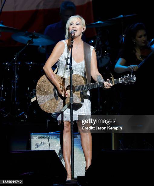 Lorrie Morgan performs during the Volunteer Jam: A Musical Salute To Charlie Daniels at Bridgestone Arena on August 18, 2021 in Nashville, Tennessee.