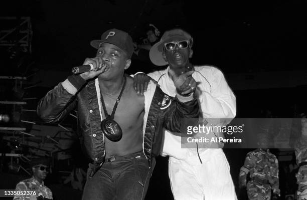 Rappers Chuck D and Flavor Flav and Rap Group Public Enemy appear in concert at the Nassau Veteran's Memorial Coliseum on the "Run's House" Tour on...