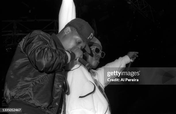 Rappers Chuck D and Flavor Flav and Rap Group Public Enemy appear in concert at the Nassau Veteran's Memorial Coliseum on the "Run's House" Tour on...