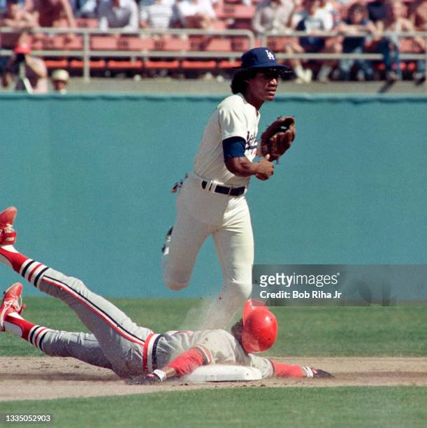 St. Louis Cardinal Ozzie Smith slides into 2nd base during playoff series of the Los Angeles Dodgers against St. Louis Cardinals at Dodgers Stadium,...