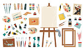 Artist tools. Painting workshop clipart collection. Paints and brushes. Sharpener or eraser. Drawing accessories kit. Sketchbooks and wooden frameworks. Vector designers craft toolkit