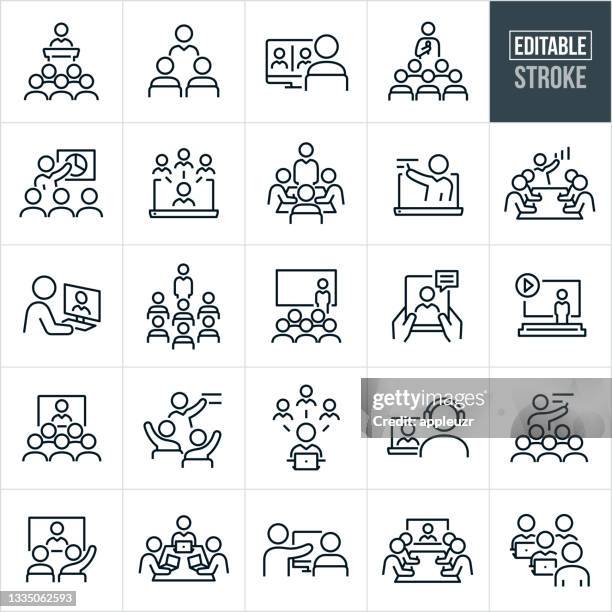 trainieren von dünnliniensymbolen - bearbeitbarer strich - meeting stock-grafiken, -clipart, -cartoons und -symbole