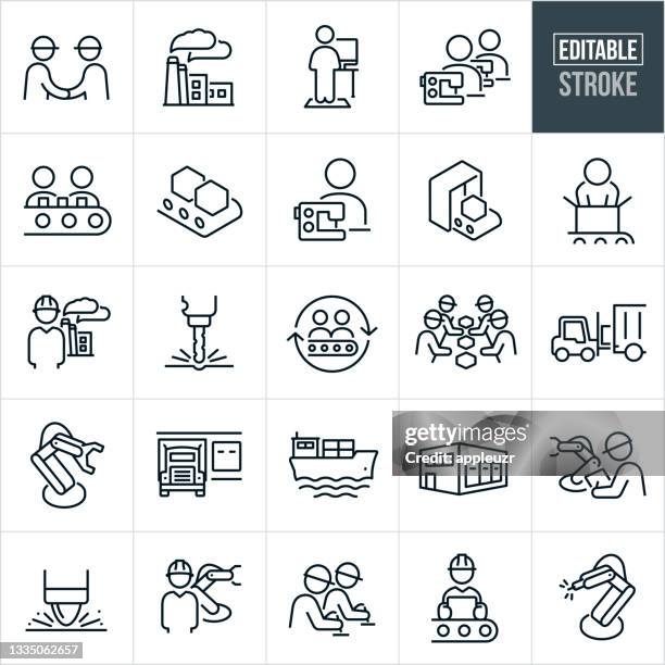 factory and mass production thin line icons - editable stroke - human robot icon stock illustrations