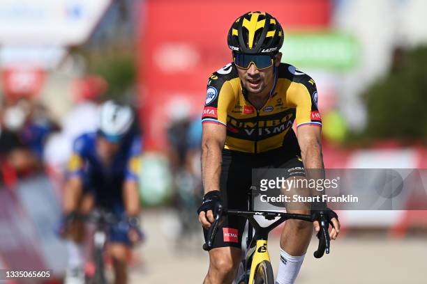 Primoz Roglic of Slovenia and Team Jumbo - Visma crosses the finishing line during the 76th Tour of Spain 2021, Stage 6 a 158,3km stage from Requena...