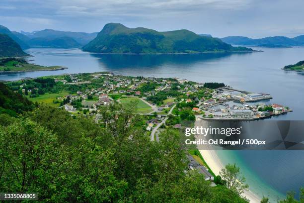 high angle view of bay against sky,selje,norway - norway landscape stock pictures, royalty-free photos & images