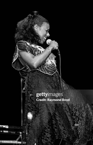 Singer Mary Davis of The S.O.S. Band performs at the Auditorium Theatre in Chicago, Illinois in 1985.