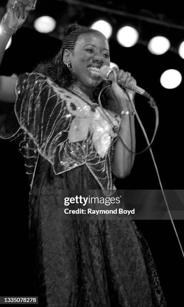 Singer Mary Davis of The S.O.S. Band performs at the Auditorium Theatre in Chicago, Illinois in 1985.