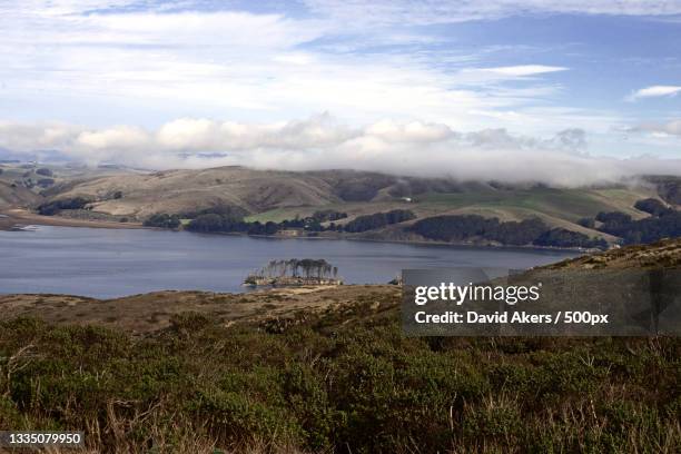 scenic view of landscape and mountains against sky,tomales bay,california,united states,usa - bahía tomales fotografías e imágenes de stock