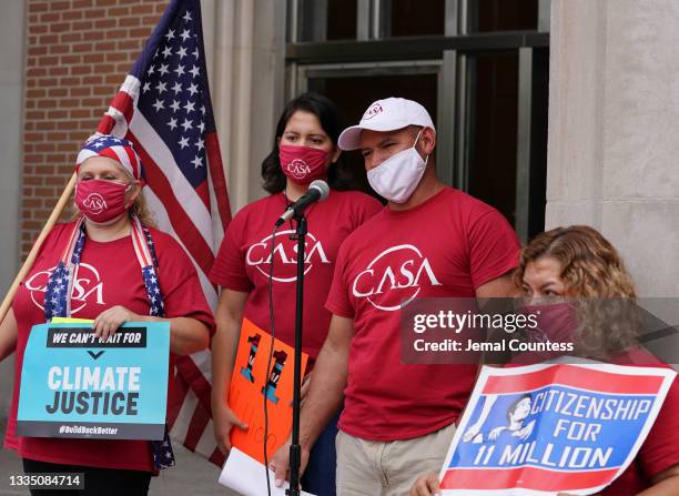 Member Nerbir Mancia speaks to members and supporters of CASA during the Rally to #SealTheDeal for Climate, Jobs, Care, and Justice during America...