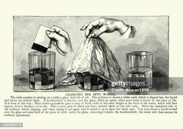 bildbanksillustrationer, clip art samt tecknat material och ikoner med magic trick, changing ink into water, victorian 19th century - magic trick