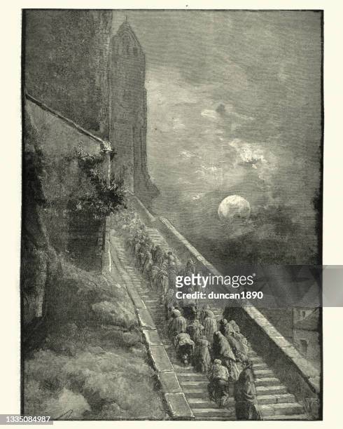 ilustraciones, imágenes clip art, dibujos animados e iconos de stock de ilustración vintage escalera de peregrinos en rocamadour, francia, en el día de los muertos, siglo 19 - pilgrims