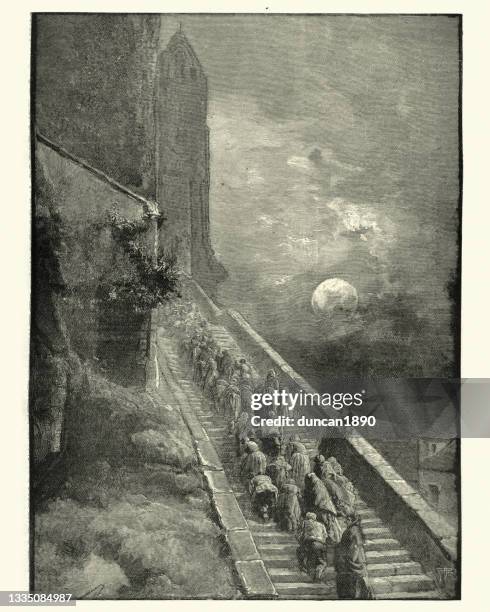 vintage illustration pilgrims staircase at rocamadour, france, on the day of the dead, 19th century - rocamadour stock illustrations