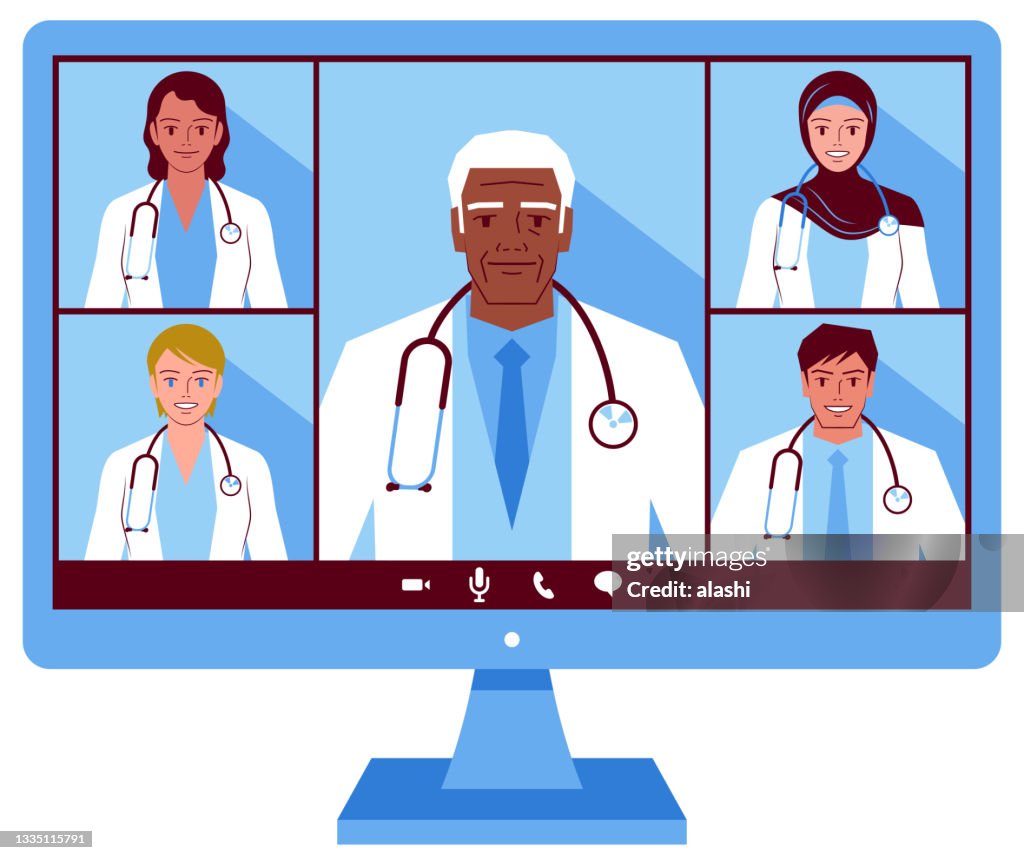 Five doctors (Multi-Ethnic Group) attending a video conference or one senior clinician teaching medical students