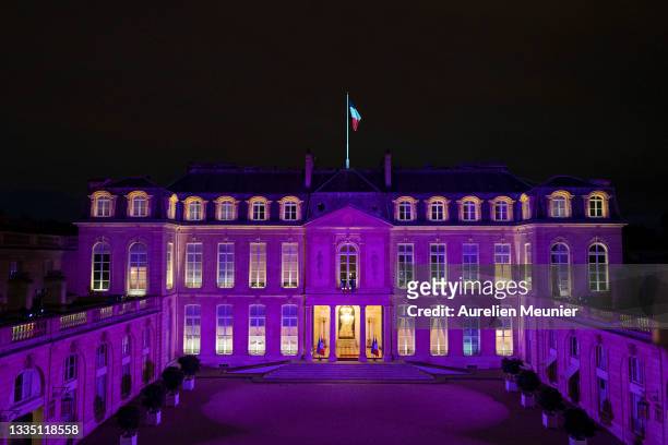 The Elysee Palace is lit up to celebrate the launch of the International Paralympic Committee’s WeThe15 campaign on August 19, 2021 in Paris, France....