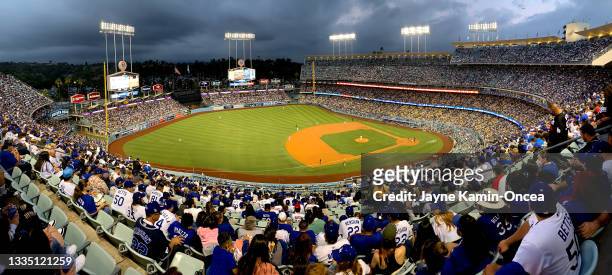 General view of Dodger Stadium during the game between the Los Angeles Dodgers and the Pittsburgh Pirates on August 18, 2021 in Los Angeles,...