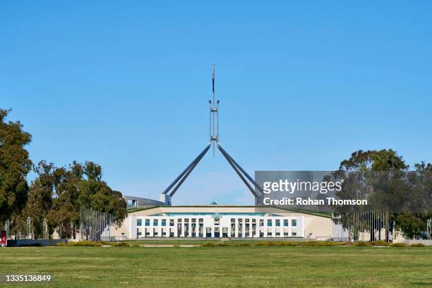 View of Parliament House on August 20, 2021 in Canberra, Australia. Lockdown restrictions continue in Canberra after a snap lockdown was declared...