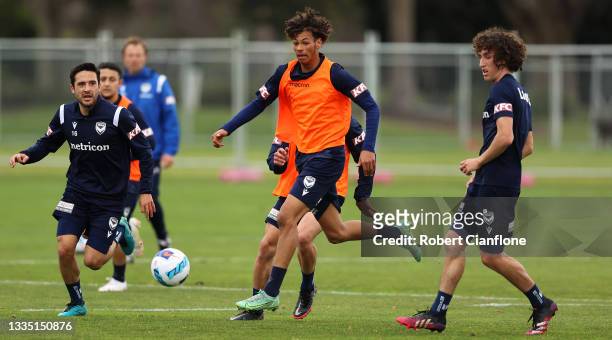 Will Wilson kicks during a Melbourne Victory A-League training session at Gosch's Paddock on August 20, 2021 in Melbourne, Australia.