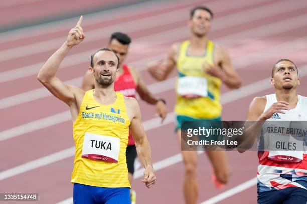 Amel Tuka of Team Bosnia Herzegovina reacts after competing in the Men's 800m Semi-Final on day nine of the Tokyo 2020 Olympic Games at Olympic...