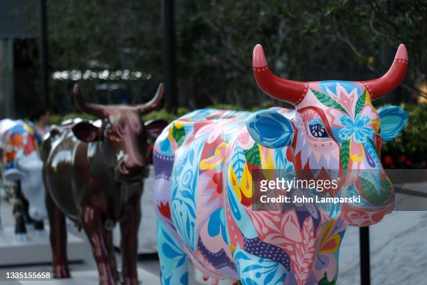 The Cow Parade art exhibit is seen at Hudson Yards on August 19, 2021 in New York City.