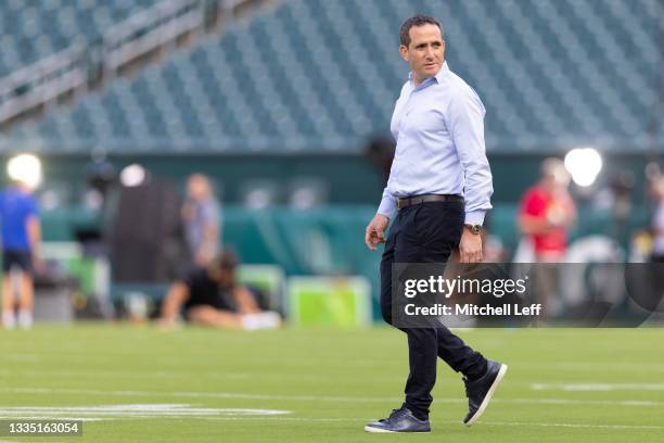 General manager Howie Roseman of the Philadelphia Eagles looks on against the New England Patriots in the preseason game at Lincoln Financial Field...