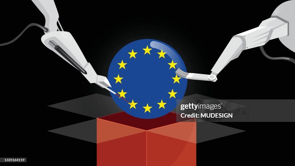 Robot Arms make Europe flag, Brexit negotiation, deal and decision, Europe and United Kingdom economic future after UK exit Euro zone concept.