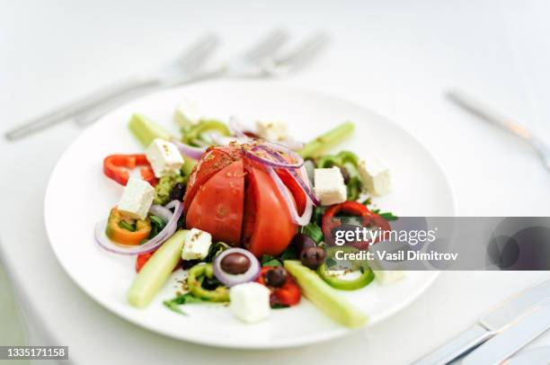 tomato and cucumber salad with feta cheese. - cheese ball stock pictures, royalty-free photos & images