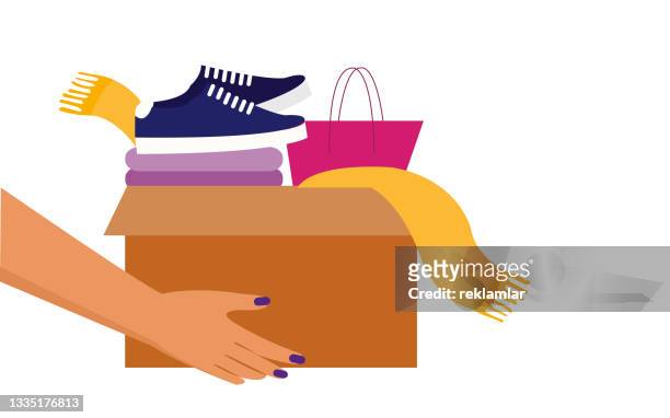 vector illustration of human hand who is shopping addicted, holding parcel box. clothing, colorful, gift, online shopping, cargo concepts. - merchandise vector stock illustrations