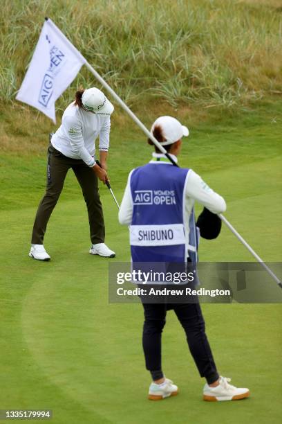 Hinako Shibuno of Japan on the first green during the second round of the AIG Women's Open at Carnoustie Golf Links on August 20, 2021 in Carnoustie,...