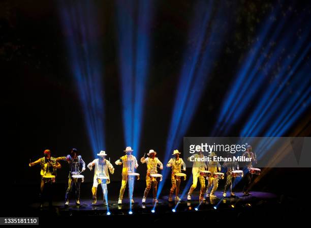 Cast members perform during the grand reopening of "Michael Jackson ONE by Cirque du Soleil" at Mandalay Bay Resort and Casino on August 19, 2021 in...