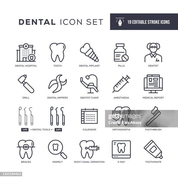 illustrazioni stock, clip art, cartoni animati e icone di tendenza di icone della linea del tratto modificabile dentale - trapano elettrico