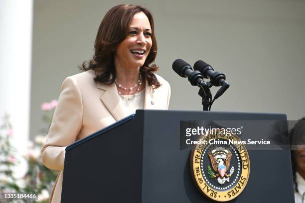 Vice President Kamala Harris speaks during an event marking the 31st anniversary of the Americans with Disabilities Act in the Rose Garden of the...