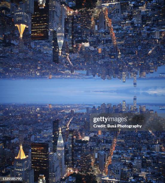 dystopian future, capsized reflected image of horizon at twilight over lower manhattan in new york city, usa - capsizing stock pictures, royalty-free photos & images