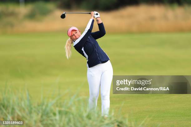 Cloe Frankish of England plays her second shot on the twelfth hole during Day Two of the AIG Women's Open at Carnoustie Golf Links on August 20, 2021...