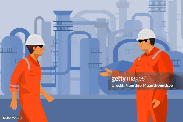 classic energy illustration concept shows two engineers discussing the operation of oil and gas production before the background of petroleum equipment at onshore. - safety cartoon images stock-fotos und bilder