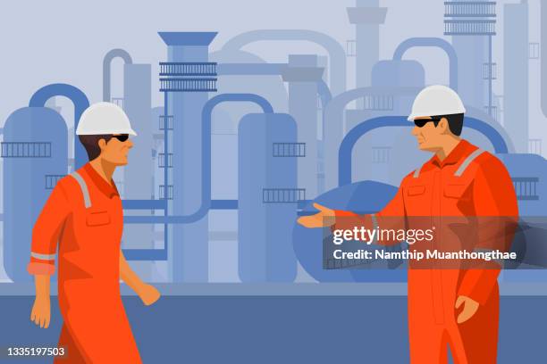 classic energy illustration concept shows two engineers discussing the operation of oil and gas production before the background of petroleum equipment at onshore. - natural gas rig cartoon stock pictures, royalty-free photos & images
