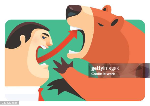 geschäftsmann mit aufsteigendem pfeilsymbol, das auf den bären trifft - hunting arrow stock-grafiken, -clipart, -cartoons und -symbole