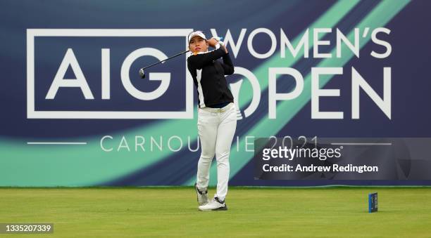 Atthaya Thitikul of of Thailand tees off on the first hole during the second round of the AIG Women's Open at Carnoustie Golf Links on August 20,...