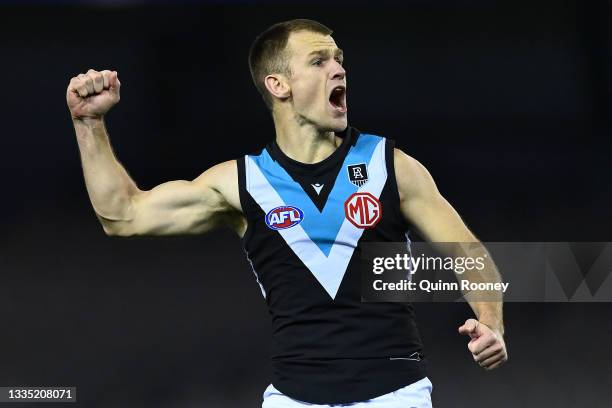 Robbie Gray of the Power celebrates kicking a goal during the round 23 AFL match between Western Bulldogs and Port Adelaide Power at Marvel Stadium...