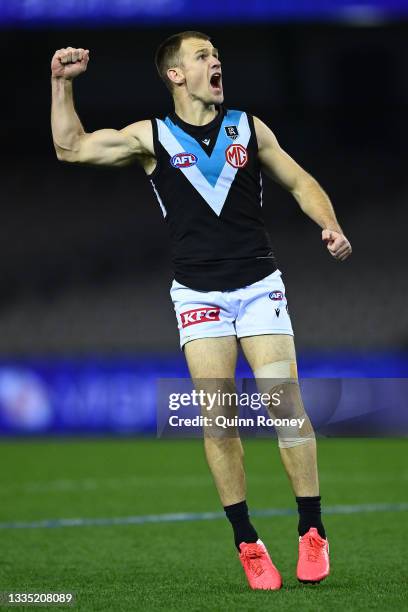 Robbie Gray of the Power celebrates kicking a goal during the round 23 AFL match between Western Bulldogs and Port Adelaide Power at Marvel Stadium...